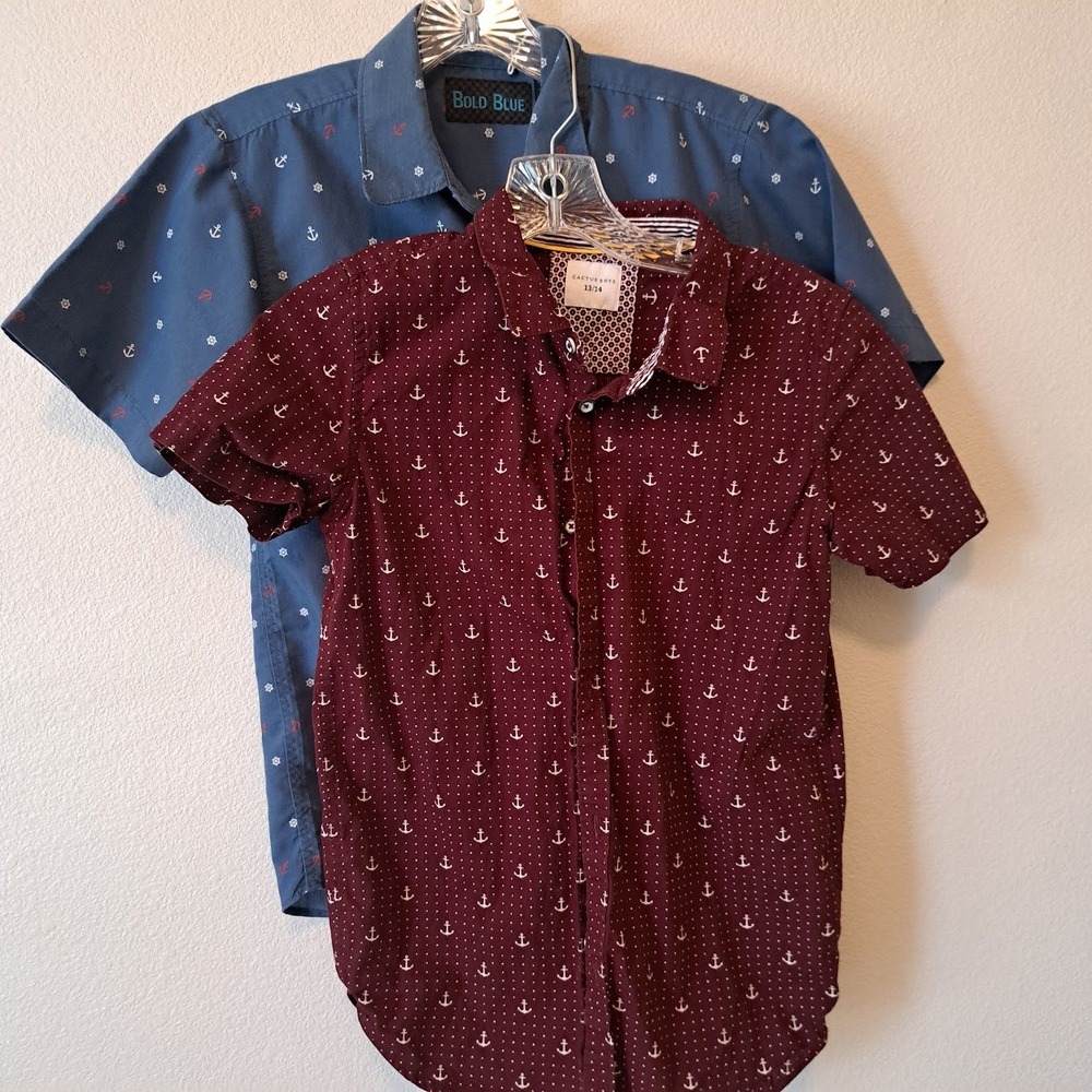 Boys Anchor Print Button Down Shirt Cactus Boys Bold Blue Nautical Size 13/14